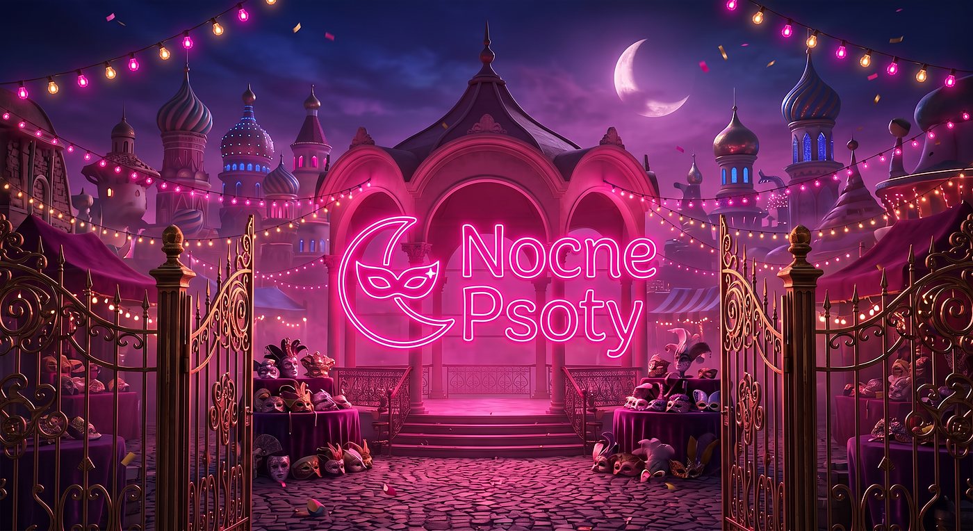 Neon z logo Nocne Psoty nad wejściem na nocny karnawał
